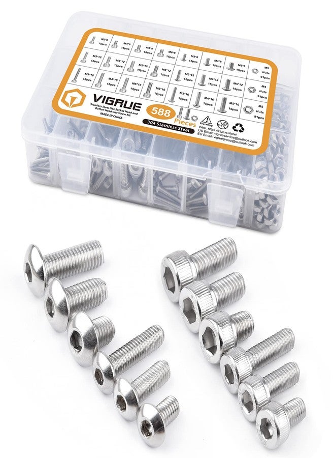 VIGRUE M3 M4 M5 M6 Screw Bolt Nut Assortment Set, Button Head & Socket Head Metric Screws, 304 Stainless Steel, 588Pcs Silver - Image 1